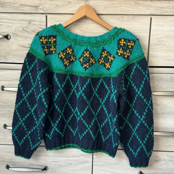 VTG 90’s Liz Sport chunky wool Sweater Green Cropped Checkered Balloon Sleeve S - Picture 2 of 11